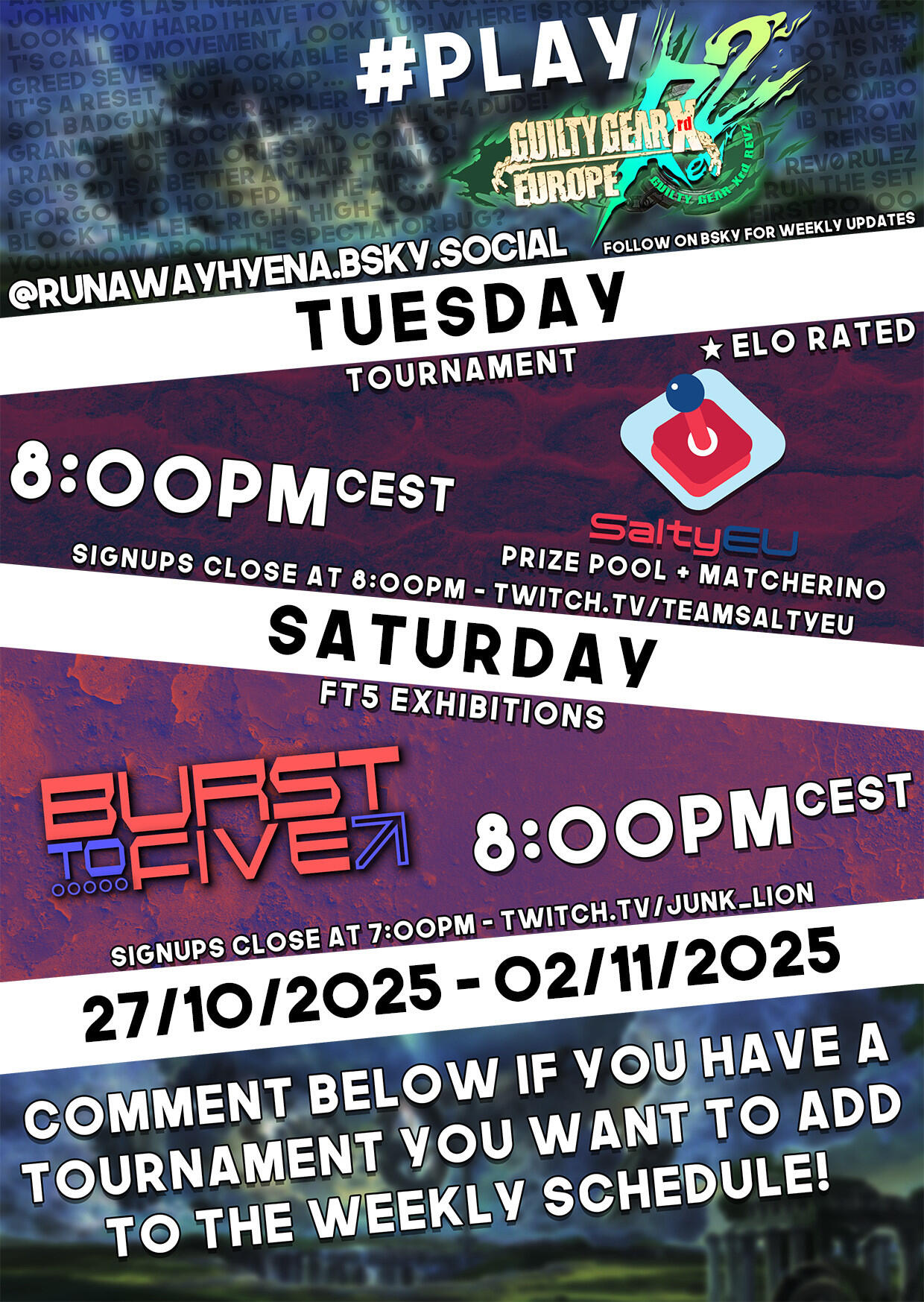 Weekly Guilty Gear Xrd EU netplay event calendar. Weekly Guilty Gear Xrd EU netplay event calendar.