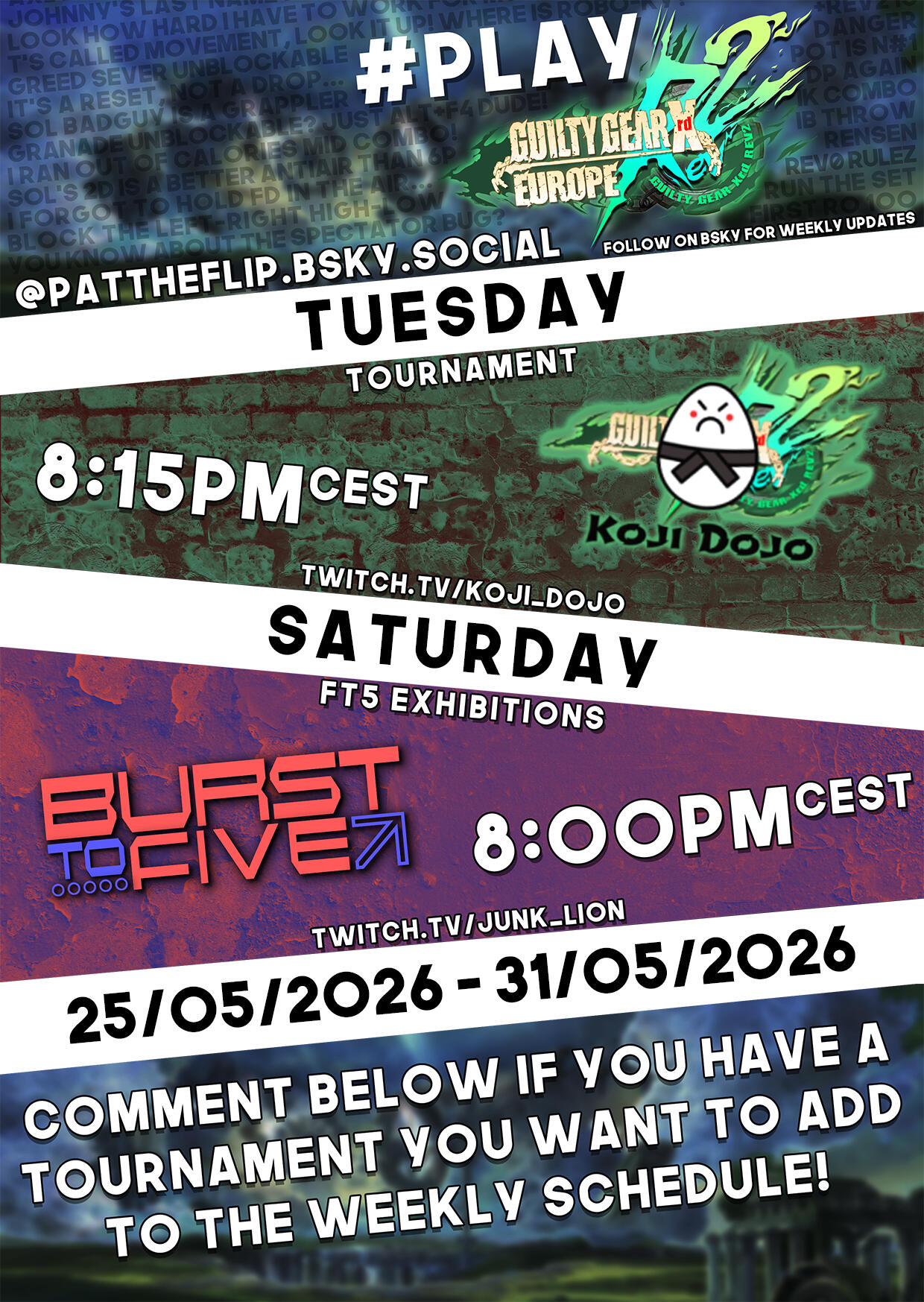 Weekly Guilty Gear Xrd EU netplay event calendar. Weekly Guilty Gear Xrd EU netplay event calendar.