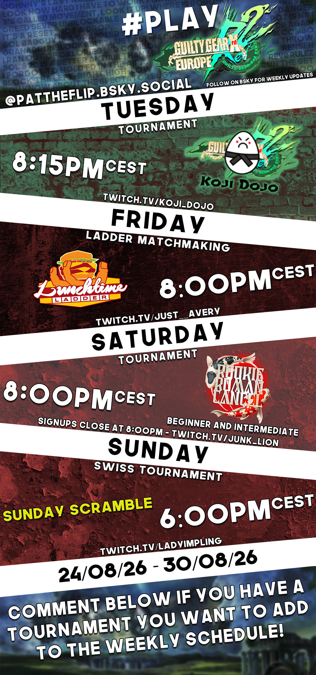 Weekly Guilty Gear Xrd EU netplay event calendar. Weekly Guilty Gear Xrd EU netplay event calendar.