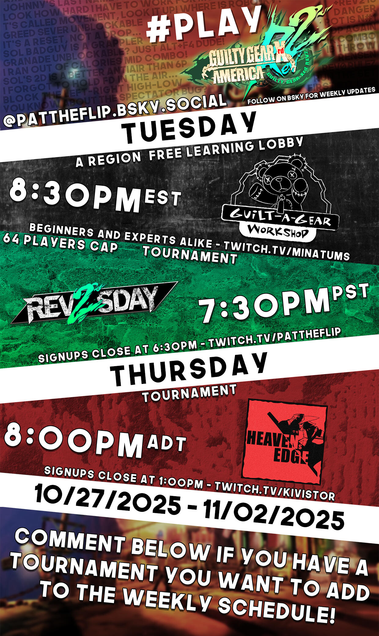 Weekly Guilty Gear Xrd NA netplay event calendar. Weekly Guilty Gear Xrd NA netplay event calendar.