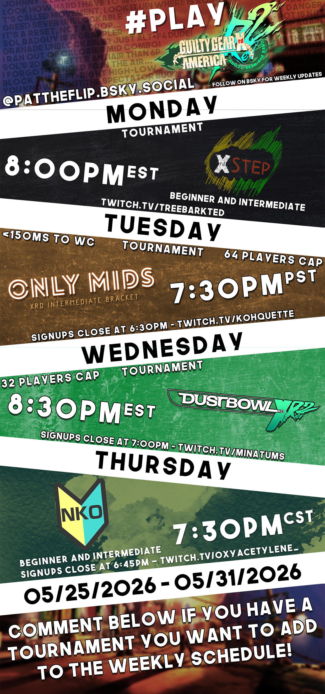 Weekly Guilty Gear Xrd NA netplay event calendar. Weekly Guilty Gear Xrd NA netplay event calendar.