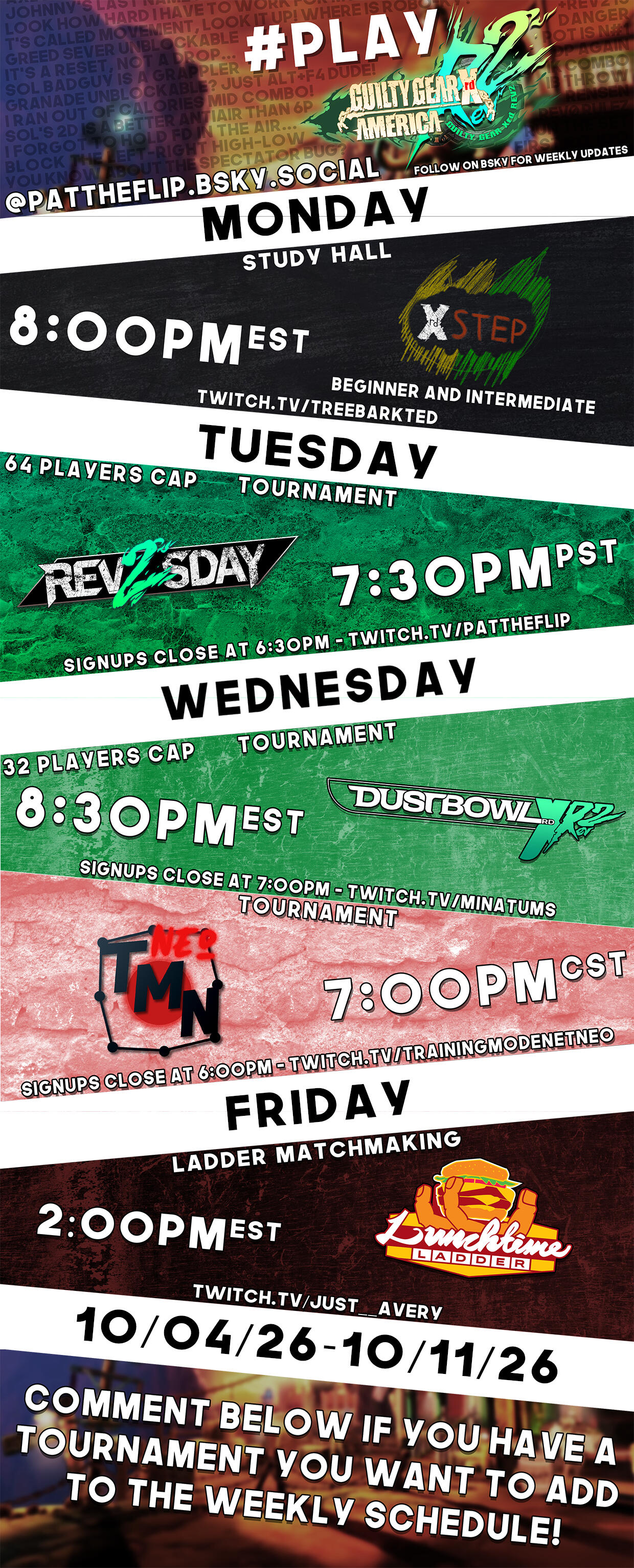 Weekly Guilty Gear Xrd NA netplay event calendar. Weekly Guilty Gear Xrd NA netplay event calendar.